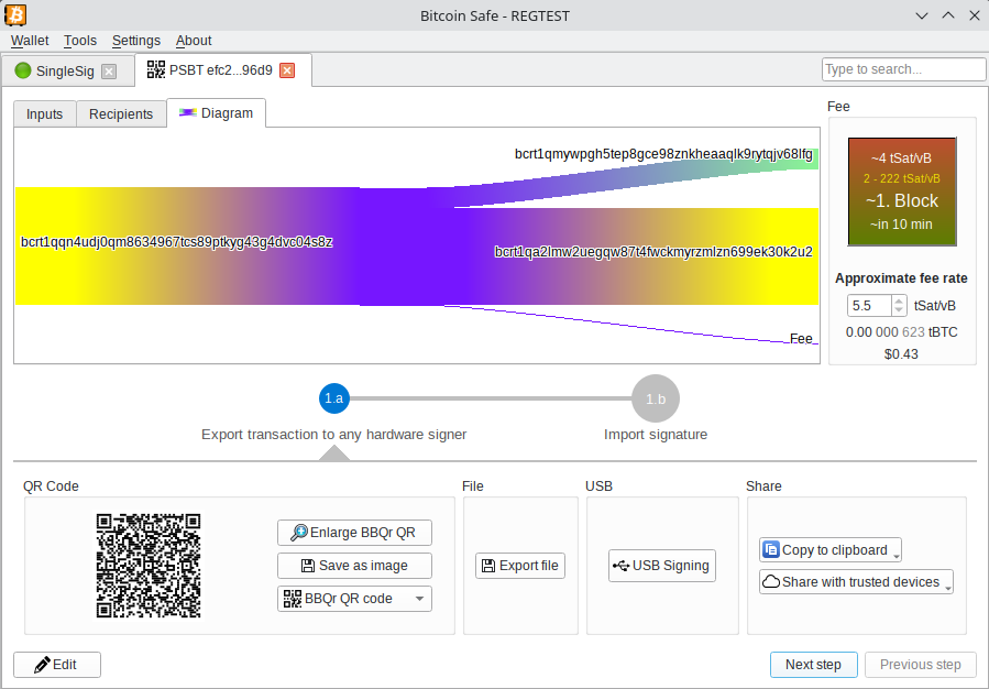 Screenshot Bitcoin Safe sign PSBT money flow diagram